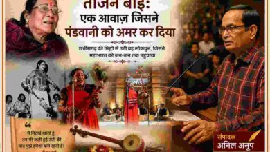 संपादकीय फीचर इमेज में संपादक अनिल अनूप के साथ पंडवानी की महान लोकगायिका तीजन बाई की विभिन्न प्रस्तुतियों और जीवन यात्रा का कोलाज।