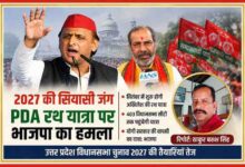 अखिलेश यादव की प्रस्तावित PDA रथ यात्रा पर भाजपा की प्रतिक्रिया दर्शाती फीचर इमेज, साथ में रिपोर्टर ठाकुर बख्श सिंह का फोटो।