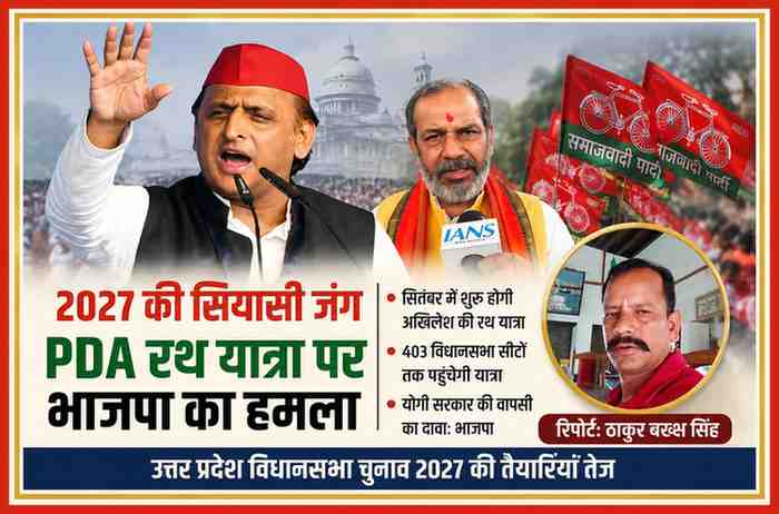 अखिलेश यादव की प्रस्तावित PDA रथ यात्रा पर भाजपा की प्रतिक्रिया दर्शाती फीचर इमेज, साथ में रिपोर्टर ठाकुर बख्श सिंह का फोटो।
