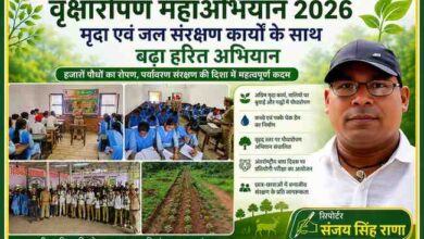 वृक्षारोपण महाअभियान 2026 की फीचर इमेज, जिसमें पौधारोपण, अंतरराष्ट्रीय बाघ दिवस पर आयोजित प्रतियोगी परीक्षा, छात्र-छात्राओं की सहभागिता, मृदा एवं जल संरक्षण कार्य तथा रिपोर्टर संजय सिंह राणा का चित्र प्रदर्शित है।