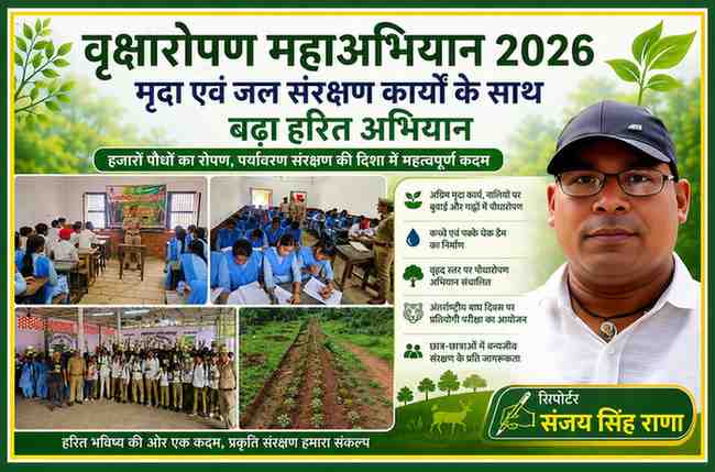 वृक्षारोपण महाअभियान 2026 की फीचर इमेज, जिसमें पौधारोपण, अंतरराष्ट्रीय बाघ दिवस पर आयोजित प्रतियोगी परीक्षा, छात्र-छात्राओं की सहभागिता, मृदा एवं जल संरक्षण कार्य तथा रिपोर्टर संजय सिंह राणा का चित्र प्रदर्शित है।