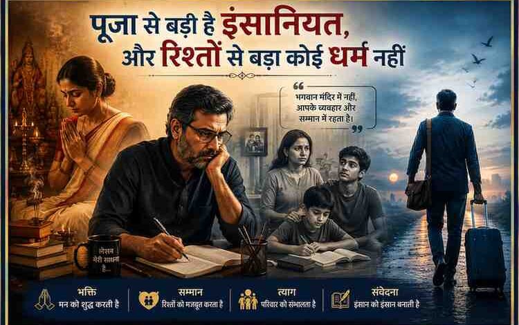 एक भावनात्मक फीचर इमेज जिसमें एक महिला पूजा करती हुई, एक चिंतनशील लेखक, परिवार और घर छोड़कर जाता हुआ व्यक्ति दिखाई दे रहा है, जो पूजा, रिश्तों और आत्मसम्मान के संघर्ष को दर्शाती है।