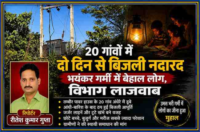 सीतापुर के तम्बौर पावर हाउस से जुड़े 20 गांवों में बिजली संकट को दर्शाती फीचर इमेज, जिसमें विद्युत ट्रांसफार्मर और रिपोर्टर रीतेश कुमार गुप्ता की तस्वीर दिखाई गई है।