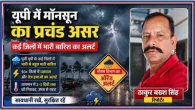 भारी बारिश, आकाशीय बिजली और तेज हवाओं के बीच उत्तर प्रदेश में मॉनसून अलर्ट पर आधारित फीचर इमेज, साथ में रिपोर्टर ठाकुर बख्श सिंह का फोटो।