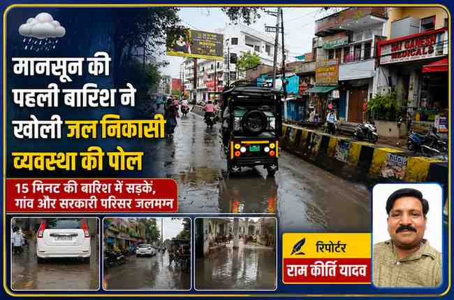 मानसून की पहली बारिश के बाद जलभराव से प्रभावित सड़कें, जल निकासी व्यवस्था की बदहाली और रिपोर्टर राम कीर्ति यादव की तस्वीर सहित फीचर इमेज।