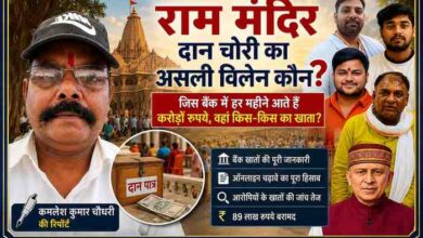 राम मंदिर दान चोरी मामले पर रिपोर्टर कमलेश कुमार चौधरी के साथ आरोपितों और राम मंदिर की तस्वीरों वाला फीचर न्यूज ग्राफिक।