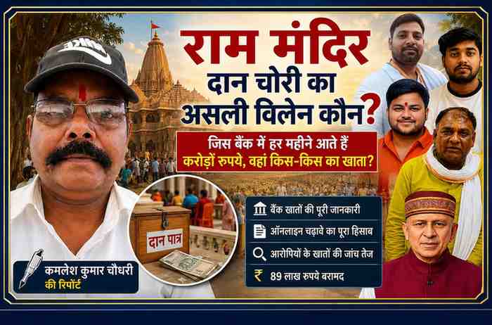 राम मंदिर दान चोरी मामले पर रिपोर्टर कमलेश कुमार चौधरी के साथ आरोपितों और राम मंदिर की तस्वीरों वाला फीचर न्यूज ग्राफिक।