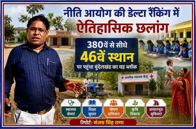 रिपोर्टर संजय सिंह राणा के साथ नीति आयोग की डेल्टा रैंकिंग में 380वें से 46वें स्थान पर पहुंचे बुंदेलखंड के आकांक्षी विकासखंड की प्रतीकात्मक फीचर इमेज।