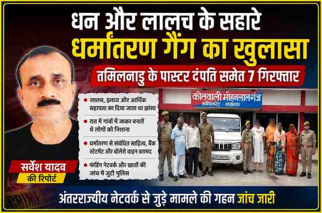 मोहनलालगंज थाने के बाहर पुलिस की गिरफ्त में धर्मांतरण मामले के सात आरोपी और रिपोर्टर सर्वेश यादव की तस्वीर के साथ तैयार फीचर इमेज।