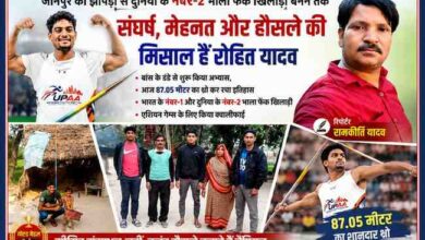 रिपोर्टर रामकीर्ति यादव के साथ जौनपुर के भाला फेंक खिलाड़ी रोहित यादव की प्रेरक यात्रा दर्शाती फीचर इमेज, जिसमें परिवार, झोपड़ी और 87.05 मीटर थ्रो की उपलब्धि दिखाई गई है।