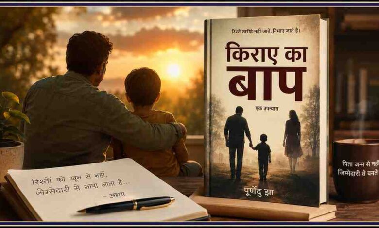 पूर्णेंदु झा द्वारा समीक्षा की गई हिंदी उपन्यास 'किराए का बाप' की फीचर इमेज, जिसमें पुस्तक, पिता और बच्चे का भावनात्मक प्रतीकात्मक दृश्य दर्शाया गया है।