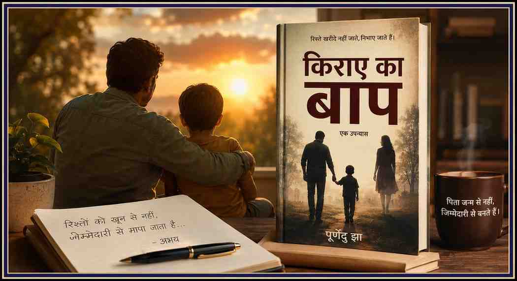 पूर्णेंदु झा द्वारा समीक्षा की गई हिंदी उपन्यास 'किराए का बाप' की फीचर इमेज, जिसमें पुस्तक, पिता और बच्चे का भावनात्मक प्रतीकात्मक दृश्य दर्शाया गया है।