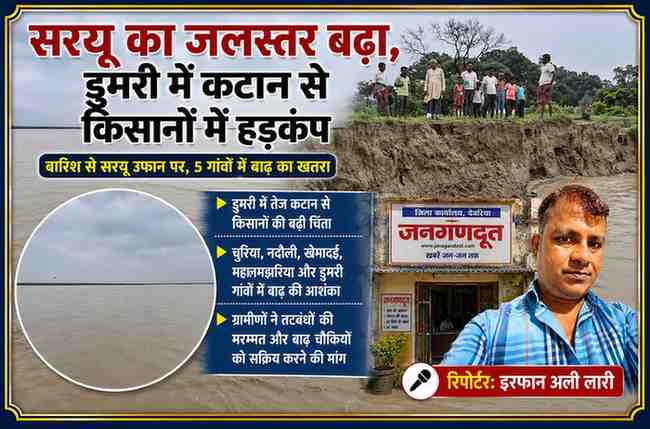 देवरिया के डुमरी गांव में सरयू नदी के बढ़ते जलस्तर से हो रहे तेज कटान का निरीक्षण करते ग्रामीण, साथ में रिपोर्टर इरफान अली लारी की तस्वीर।