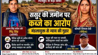 चित्रकूट भूमि कब्जा मामले में आरोपित अरुण सिंह बघेल उर्फ मिंटू सिंह, पीड़िता शिमला देवी और रिपोर्टर संजय सिंह राणा की तस्वीरों के साथ तैयार फीचर इमेज, जिसमें ससुर की पैतृक भूमि पर कथित कब्जा, अवैध मोरंग खनन और उत्पीड़न के आरोप दर्शाए गए हैं।
