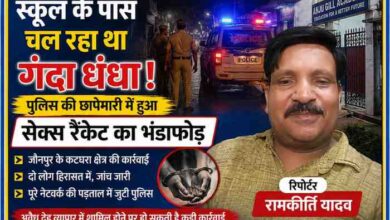 जौनपुर के कटघरा क्षेत्र में स्कूल के पास कथित सेक्स रैकेट मामले पर पुलिस कार्रवाई को दर्शाती फीचर इमेज, जिसमें रिपोर्टर रामकीर्ति यादव की तस्वीर और पुलिस छापेमारी का प्रतीकात्मक दृश्य शामिल है।