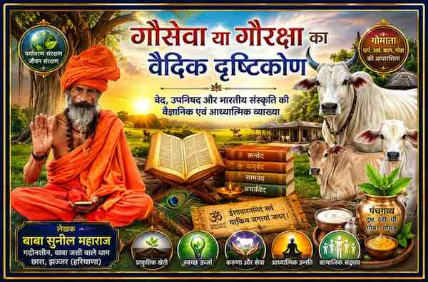 बाबा सुनील महाराज के साथ गौसेवा या गौरक्षा का वैदिक दृष्टिकोण दर्शाती फीचर इमेज, जिसमें वेद, उपनिषद, गौमाता, पंचगव्य और भारतीय संस्कृति के आध्यात्मिक एवं वैज्ञानिक प्रतीक प्रदर्शित हैं।