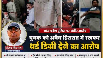 रिपोर्टर संजय सिंह राणा की तस्वीर के साथ तैयार फीचर इमेज, जिसमें कथित पुलिस कार्रवाई, युवक की तस्वीरें और मध्य प्रदेश पुलिस पर अवैध हिरासत, मारपीट व थर्ड डिग्री के आरोप से जुड़ी सांकेतिक झलक दिखाई गई है।