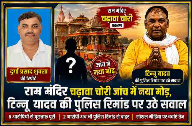 रिपोर्टर दुर्गा प्रसाद शुक्ला के चित्र के साथ राम मंदिर और टिन्नू यादव की तस्वीर, चढ़ावा चोरी जांच तथा पुलिस रिमांड विवाद पर आधारित हिंदी न्यूज फीचर इमेज।