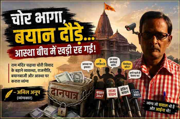 लेखक अनिल अनूप की तस्वीर, राम मंदिर, दानपात्र, मीडिया के माइक्रोफोन और राजनीतिक बयानबाजी के प्रतीकों के साथ चढ़ावा चोरी विवाद पर आधारित व्यंग्यात्मक फीचर इमेज।
