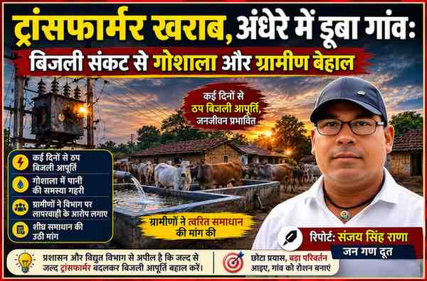 रिपोर्टर संजय सिंह राणा के कटआउट के साथ ट्रांसफार्मर खराब होने से बिजली संकट, गोशाला में पानी की समस्या और अंधेरे में डूबे गांव को दर्शाती फीचर इमेज।