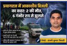 प्रयागराज में आकाशीय बिजली गिरने की घटना पर आधारित फीचर इमेज, जिसमें रिपोर्टर अंजनी कुमार त्रिपाठी की तस्वीर, बिजली गिरने का दृश्य, पुलिस वाहन और ग्रामीणों को दर्शाया गया है।