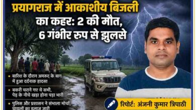 प्रयागराज में आकाशीय बिजली गिरने की घटना पर आधारित फीचर इमेज, जिसमें रिपोर्टर अंजनी कुमार त्रिपाठी की तस्वीर, बिजली गिरने का दृश्य, पुलिस वाहन और ग्रामीणों को दर्शाया गया है।