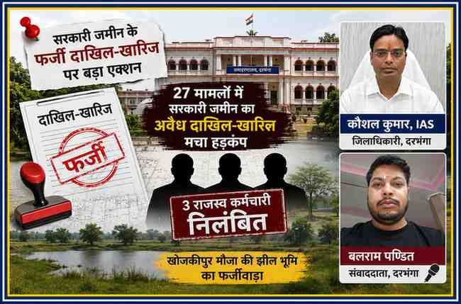 दरभंगा डीएम कौशल कुमार और रिपोर्टर बलराम पण्डित की तस्वीर के साथ सरकारी जमीन के फर्जी दाखिल-खारिज मामले की फीचर इमेज