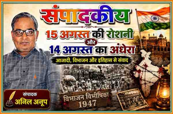 संपादक अनिल अनूप की तस्वीर के साथ भारत विभाजन विभीषिका 1947, विस्थापन, स्वतंत्रता दिवस और तिरंगे को दर्शाती संपादकीय फीचर इमेज।