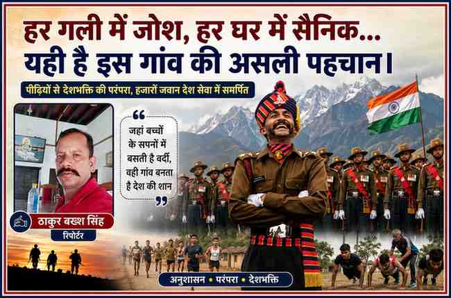 रिपोर्टर ठाकुर बख्श सिंह की तस्वीर के साथ भारतीय सेना के जवानों की सांकेतिक तस्वीर, देशभक्ति और सैन्य परंपरा पर आधारित फीचर इमेज।