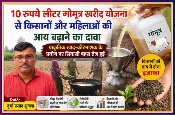 रिपोर्टर दुर्गा प्रसाद शुक्ला की तस्वीर के साथ गोमूत्र खरीद योजना, ग्रामीण महिलाओं द्वारा प्राकृतिक खाद तैयार करने और जैविक कृषि से जुड़ी तस्वीरों का समाचार कोलाज