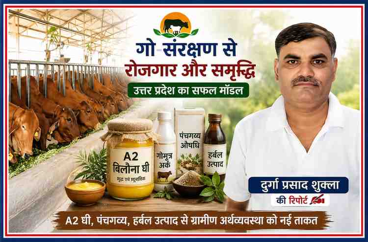 रिपोर्टर दुर्गा प्रसाद शुक्ला की तस्वीर के साथ उत्तर प्रदेश की गोशाला, देसी गायें, A2 बिलौना घी, पंचगव्य और हर्बल उत्पादों पर आधारित गो-संरक्षण एवं रोजगार मॉडल की फीचर इमेज।