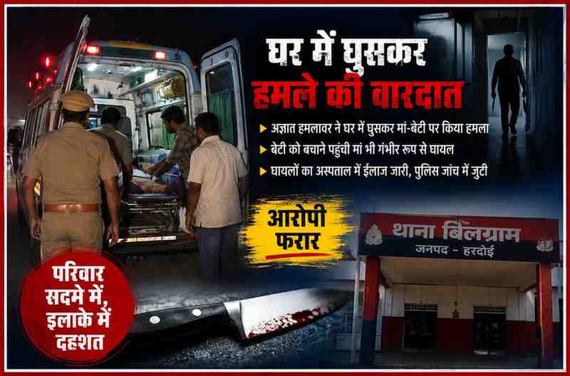 हरदोई की घटना पर आधारित फीचर इमेज, जिसमें एंबुलेंस, पुलिस, घटनास्थल का सांकेतिक दृश्य और बिलग्राम थाने का दृश्य दिखाया गया है। घायल युवती की तस्वीर का उपयोग नहीं किया गया है।