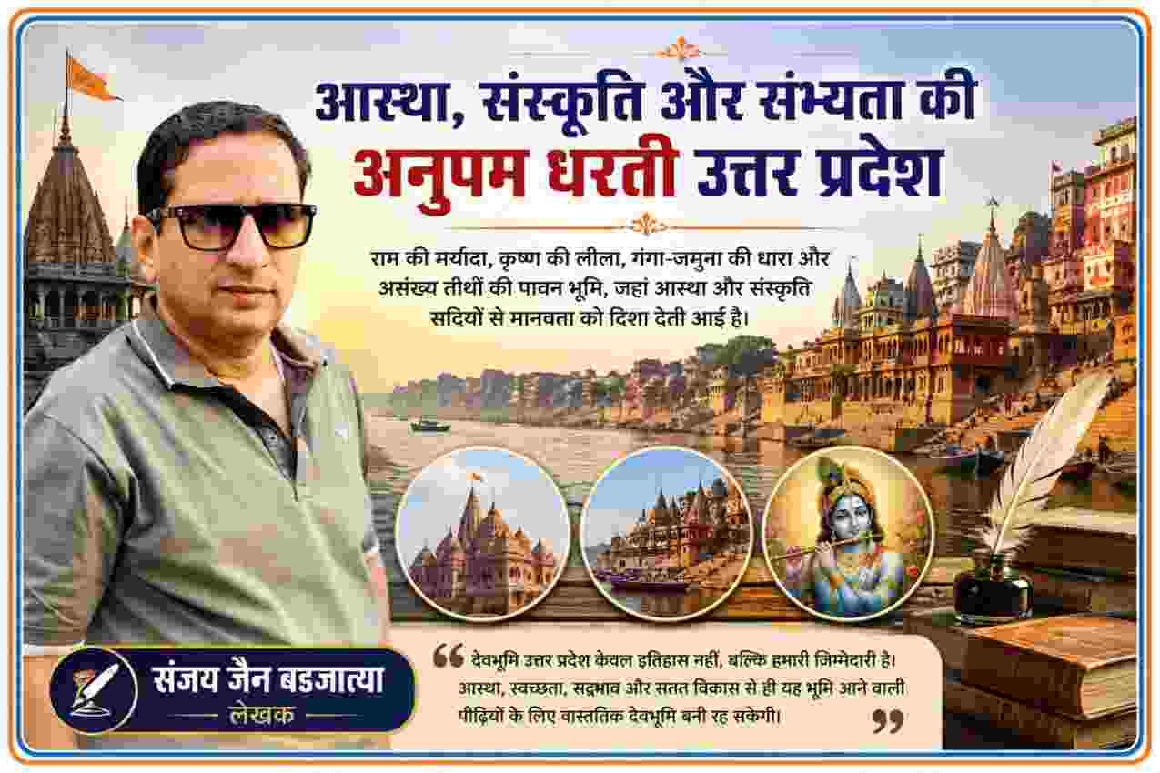 लेखक संजय जैन बडजात्या की तस्वीर के साथ उत्तर प्रदेश की धार्मिक और सांस्कृतिक विरासत दर्शाती फीचर इमेज, जिसमें काशी के घाट, गंगा, मंदिर और कृष्ण की छवि शामिल है।