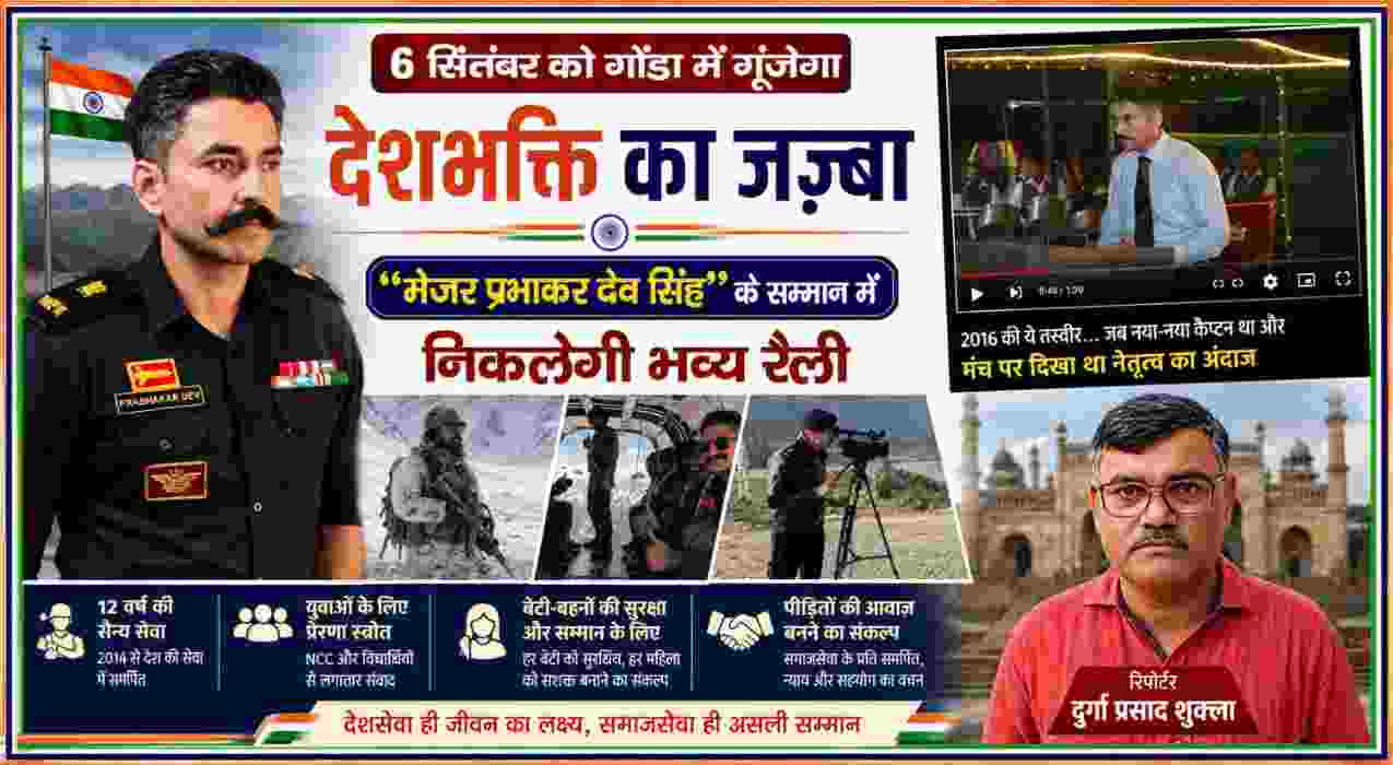 मेजर प्रभाकर देव सिंह की सैन्य तस्वीरों, 2016 के वीडियो स्क्रीनशॉट और रिपोर्टर दुर्गा प्रसाद शुक्ला के साथ तैयार की गई गोंडा रैली की फीचर इमेज