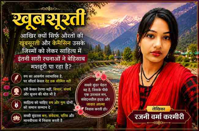 हिमालयी प्राकृतिक पृष्ठभूमि में खड़ी एक युवती के साथ साहित्य में स्त्री सौंदर्य, श्रृंगार रस और वास्तविक खूबसूरती पर आधारित संपादकीय फीचर इमेज।