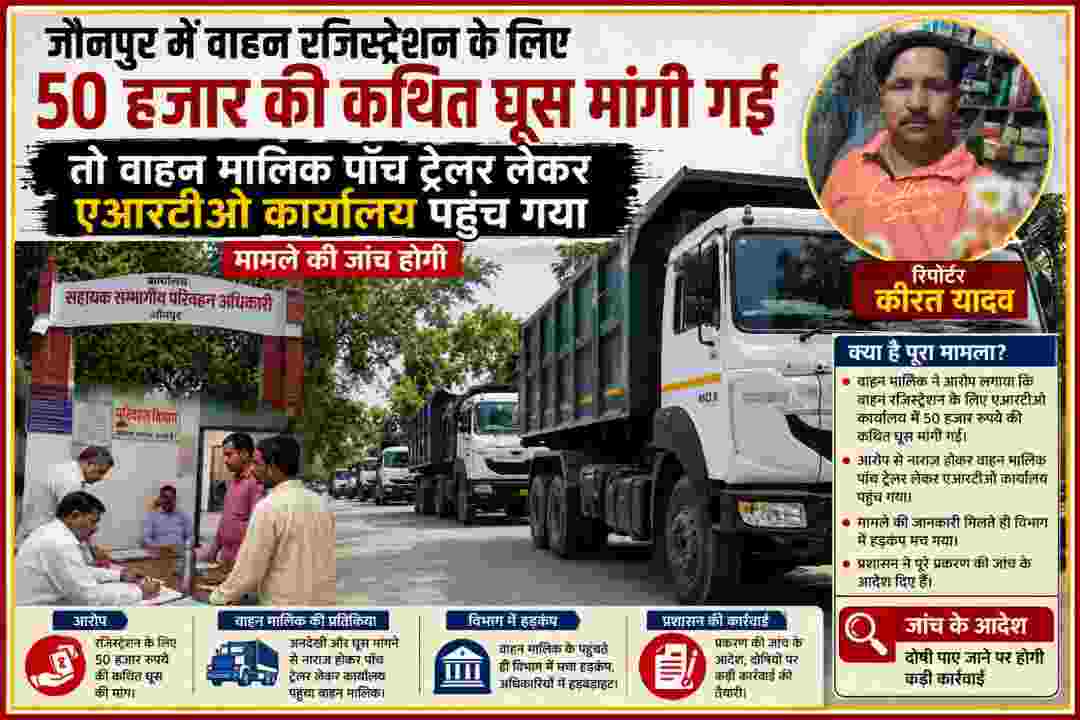 जौनपुर एआरटीओ कार्यालय में पांच ट्रेलर लेकर पहुंचा वाहन मालिक और रिपोर्टर की तस्वीर