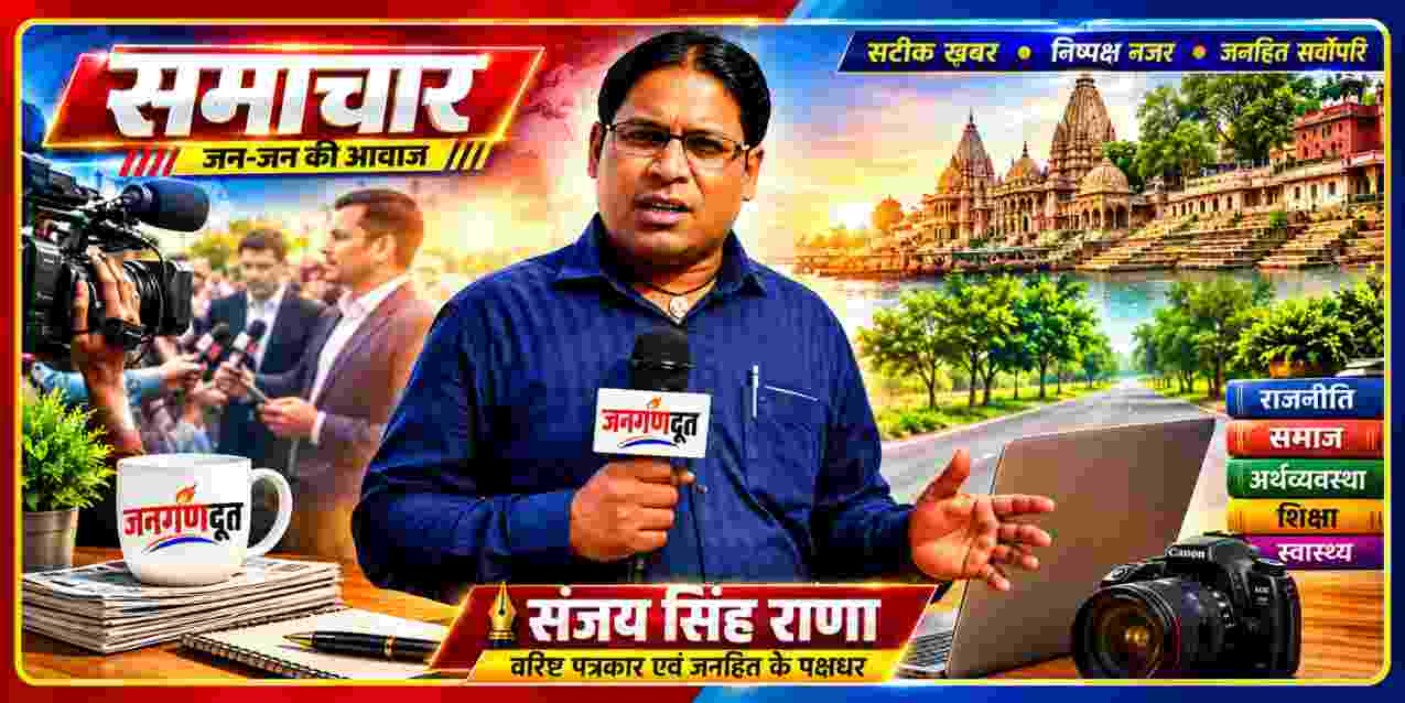 संजय सिंह राणा की लैंडस्केप न्यूज फीचर इमेज, हाथ में जनगणदूत लिखा माइक, पत्रकारिता कैमरा, लैपटॉप और समाचार सामग्री के साथ