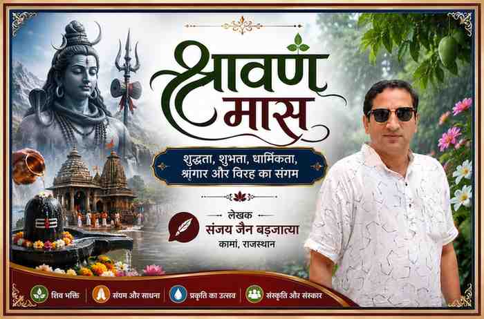 लेखक संजय जैन बड़जात्या की तस्वीर के साथ भगवान शिव, शिवलिंग जलाभिषेक, प्राचीन शिव मंदिर, वर्षा ऋतु और हरियाली को दर्शाती श्रावण मास विषयक लैंडस्केप फीचर इमेज।