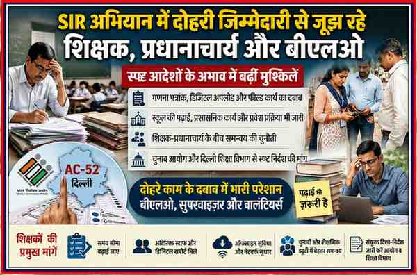 दिल्ली के AC-52 में SIR अभियान के दौरान दोहरी जिम्मेदारियों के कारण परेशान शिक्षक, प्रधानाचार्य, बीएलओ और वालंटियर्स को दर्शाती फीचर इमेज।