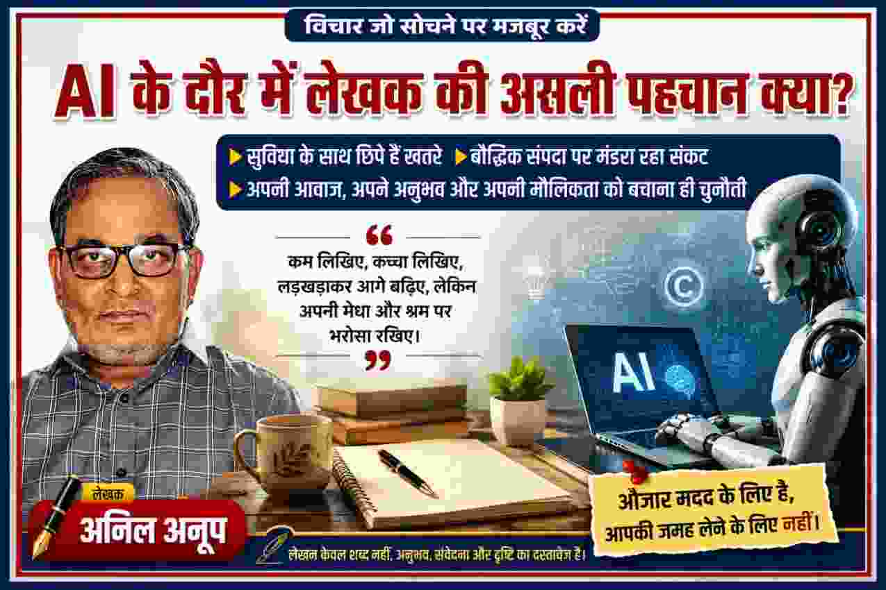 लेखक अनिल अनूप की तस्वीर के साथ एआई और मानव लेखन पर विचारोत्तेजक फीचर इमेज