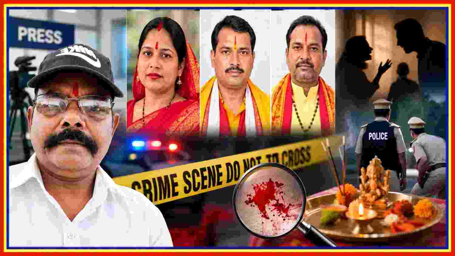 खूनी वारदात, पारिवारिक विवाद और पूजा-पाठ के दौरान टकराव की जांच दर्शाती फीचर इमेज, रिपोर्टर कमलेश कुमार चौधरी की तस्वीर के साथ।