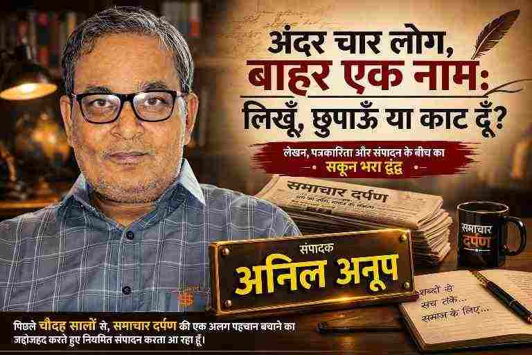 संपादक अनिल अनूप की तस्वीर के साथ लेखक, कवि, पत्रकार और संपादक के बीच के द्वंद्व को दर्शाती समाचार दर्पण की फीचर इमेज
