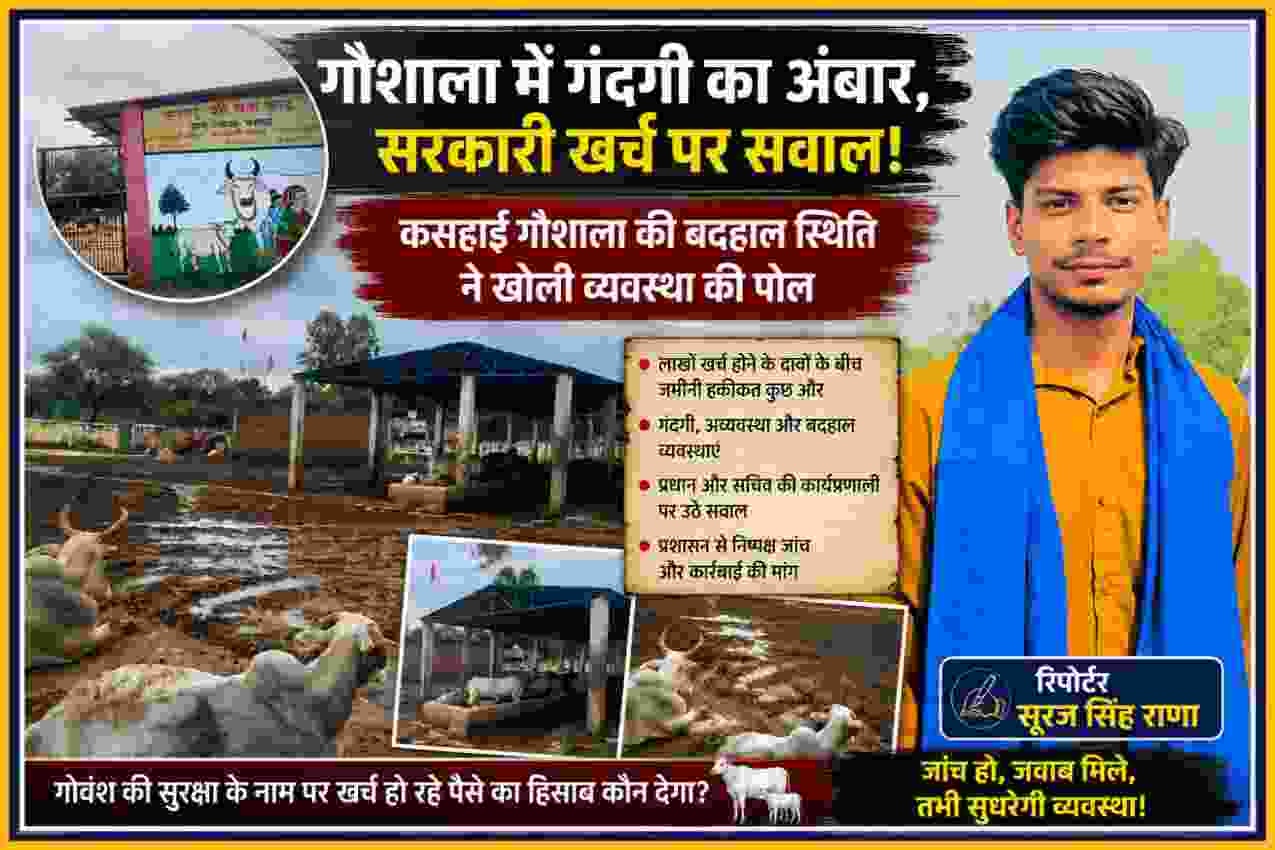 चित्रकूट की कसहाई गौशाला में गंदगी और कीचड़ के बीच गोवंश, साथ में रिपोर्टर सूरज सिंह राणा की तस्वीर