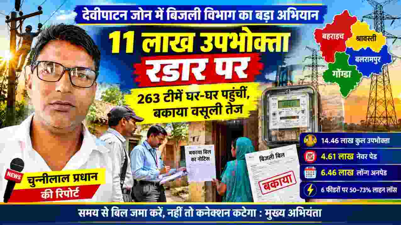 देवीपाटन जोन में बिजली विभाग के अभियान की खबर में रिपोर्टर चुन्नीलाल प्रधान की तस्वीर, बिजली मीटर और घर-घर नोटिस देती विभागीय टीमें