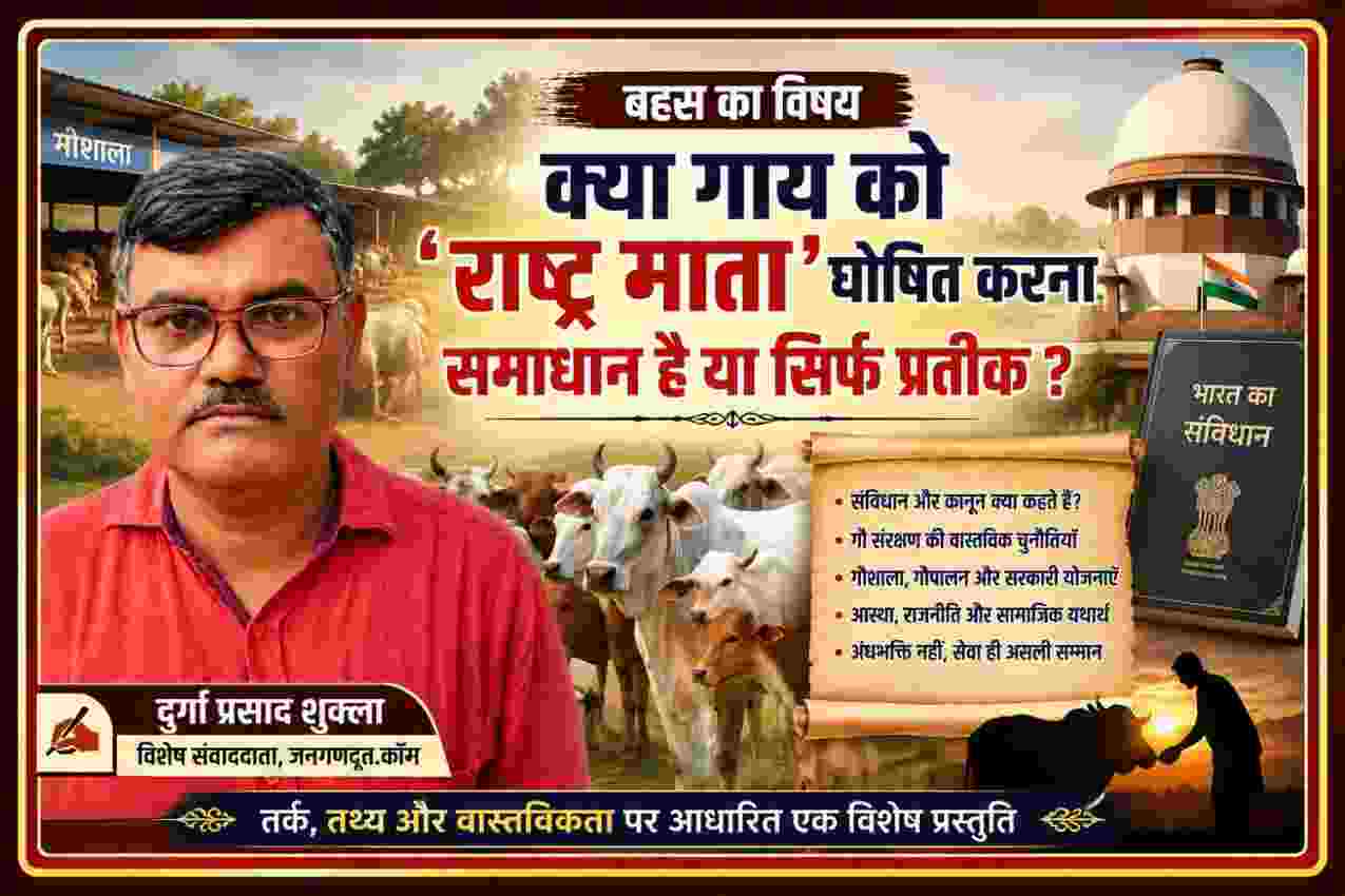 विशेष संवाददाता दुर्गा प्रसाद शुक्ला की तस्वीर के साथ गाय को राष्ट्र माता घोषित करने की मांग पर आधारित फीचर इमेज, जिसमें गौवंश, संविधान, न्यायपालिका और गौसंरक्षण से जुड़े प्रतीकात्मक दृश्य दर्शाए गए हैं।