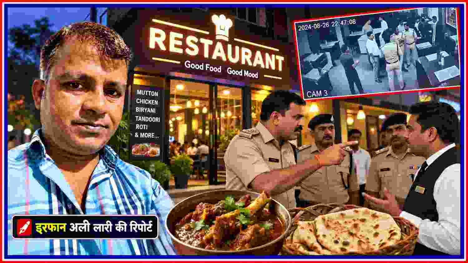 गोरखपुर रेस्टोरेंट विवाद की फीचर इमेज, रिपोर्टर इरफान अली लारी की तस्वीर, पुलिसकर्मी और रेस्टोरेंट स्टाफ के बीच कथित विवाद का दृश्य।