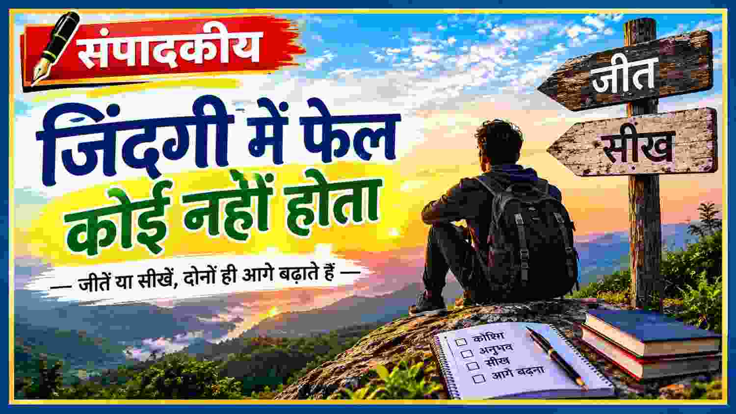 जिंदगी में फेल कोई नहीं होता विषय पर प्रेरक संपादकीय फीचर इमेज, जीत और सीख का संदेश