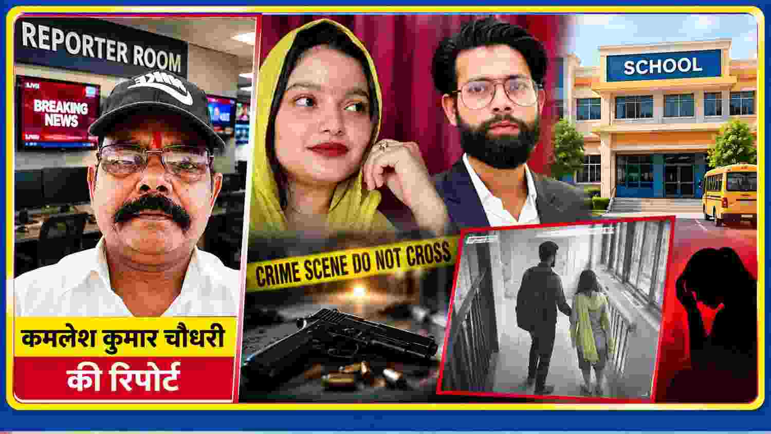 निजी स्कूल में शिक्षिका की हत्या और युवक की खुदकुशी से जुड़ी खबर की फीचर इमेज, रिपोर्टर कमलेश कुमार चौधरी और संबंधित तस्वीरों के साथ