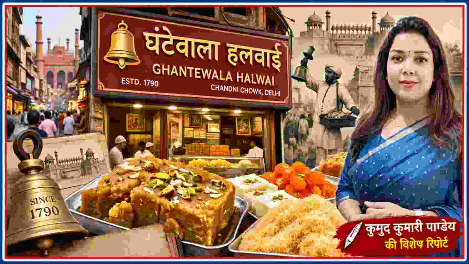 चांदनी चौक दिल्ली की ऐतिहासिक घंटेवाला हलवाई दुकान, पारंपरिक मिठाइयां और रिपोर्टर कुमुद कुमारी पाण्डेय की तस्वीर