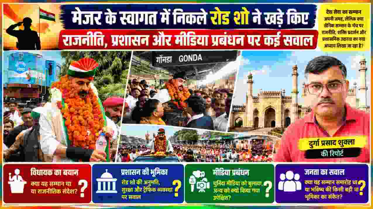 गोंडा में मेजर प्रभाकर देव सिंह के स्वागत समारोह, रोड शो, भीड़, रेलवे स्टेशन और रिपोर्टर दुर्गा प्रसाद शुक्ला की तस्वीर को दर्शाती फीचर इमेज, जिसमें राजनीति, प्रशासन और मीडिया प्रबंधन पर उठते सवाल प्रमुखता से दिखाए गए हैं।